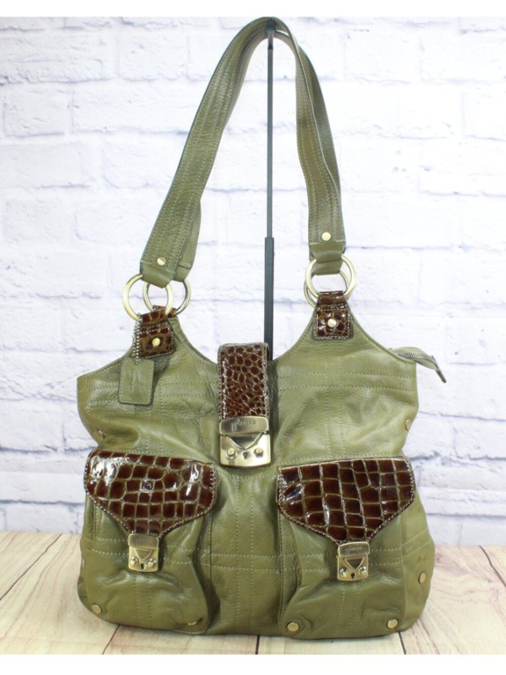 Bolzano Green Faux Leather Croc Embossed Tote Shoulder Bag With Gold Accents